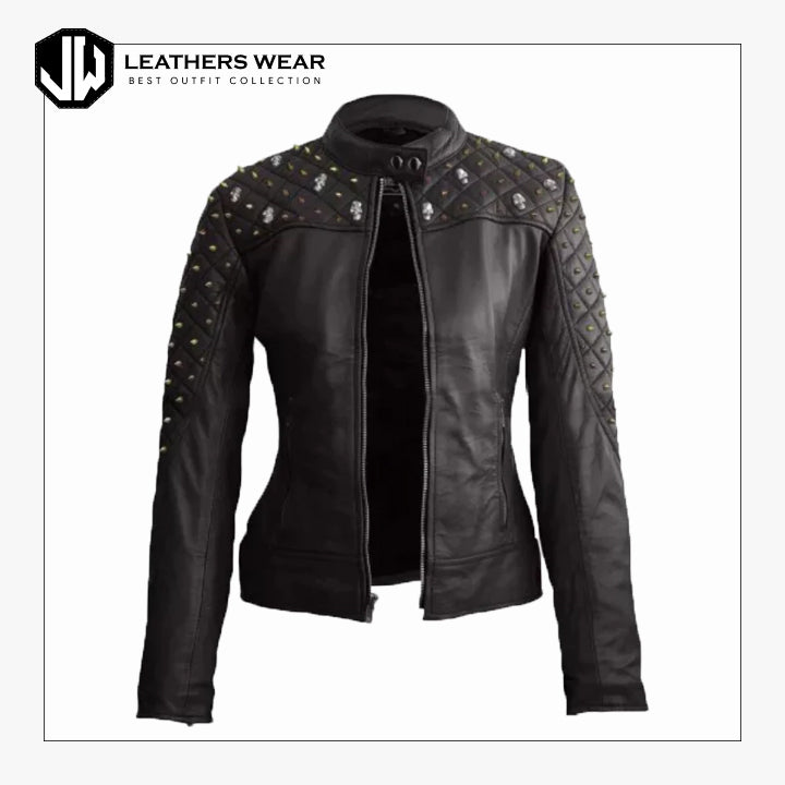 WomenStuddedBlackLeatherJacket