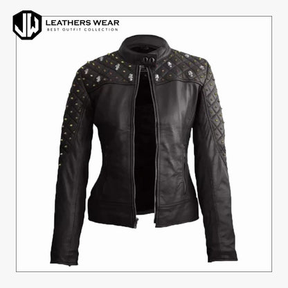 WomenStuddedBlackLeatherJacket