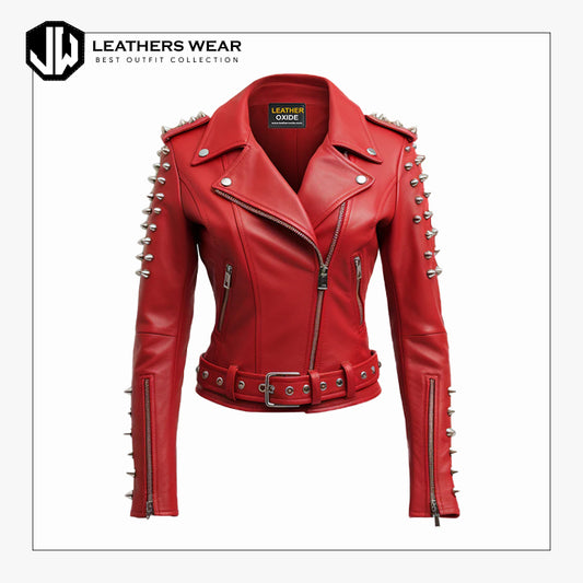 Women Studs Red Leather Jacket