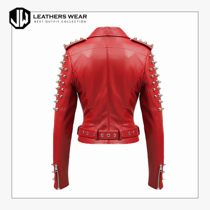 Women Studs Red Leather Jacket