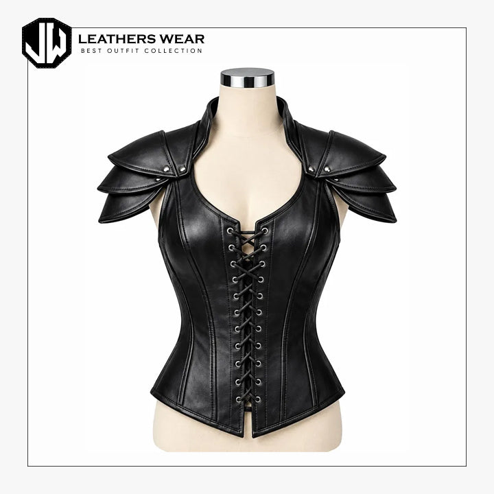 Womens Genuine Leather Shoulder Armor Corset