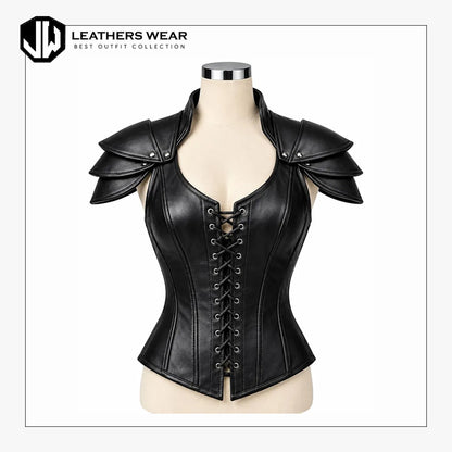 Womens Genuine Leather Shoulder Armor Corset