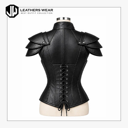 Womens Genuine Leather Shoulder Armor Corset