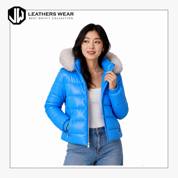 Women's Blue Leather Puffer Jacket