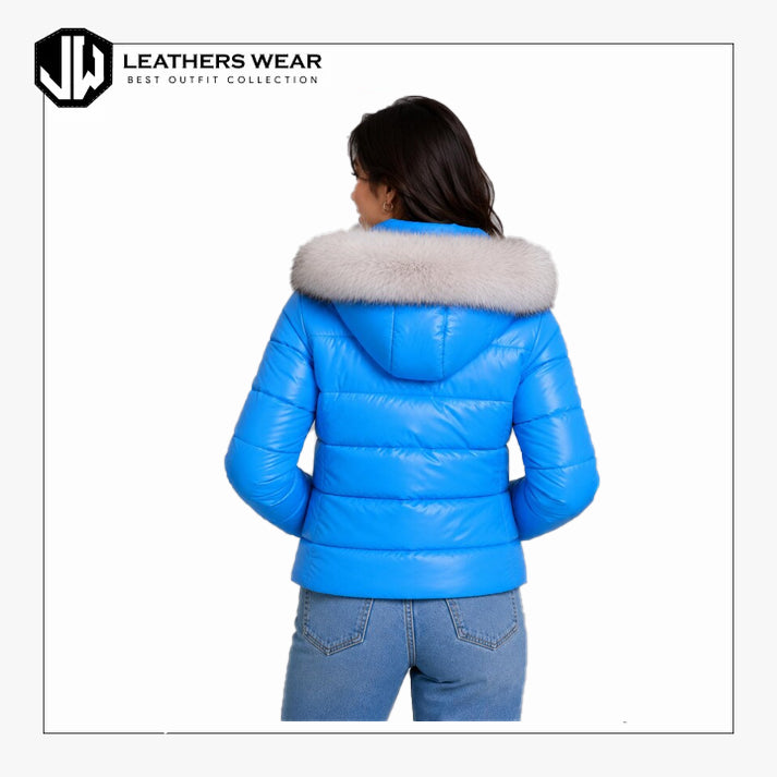 Women's Blue Leather Puffer Jacket