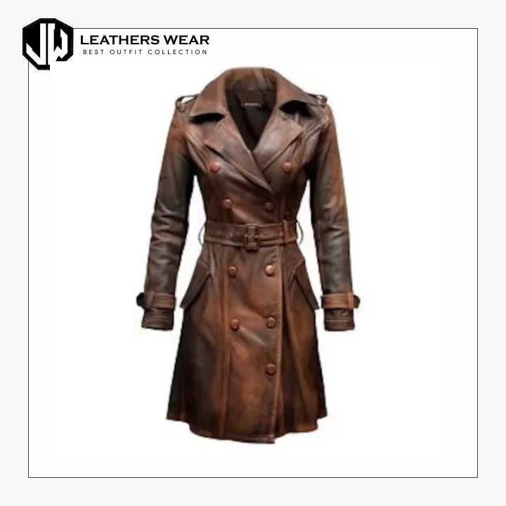 Womens Brown Vintage Leather Trench Coat Leathers Wear