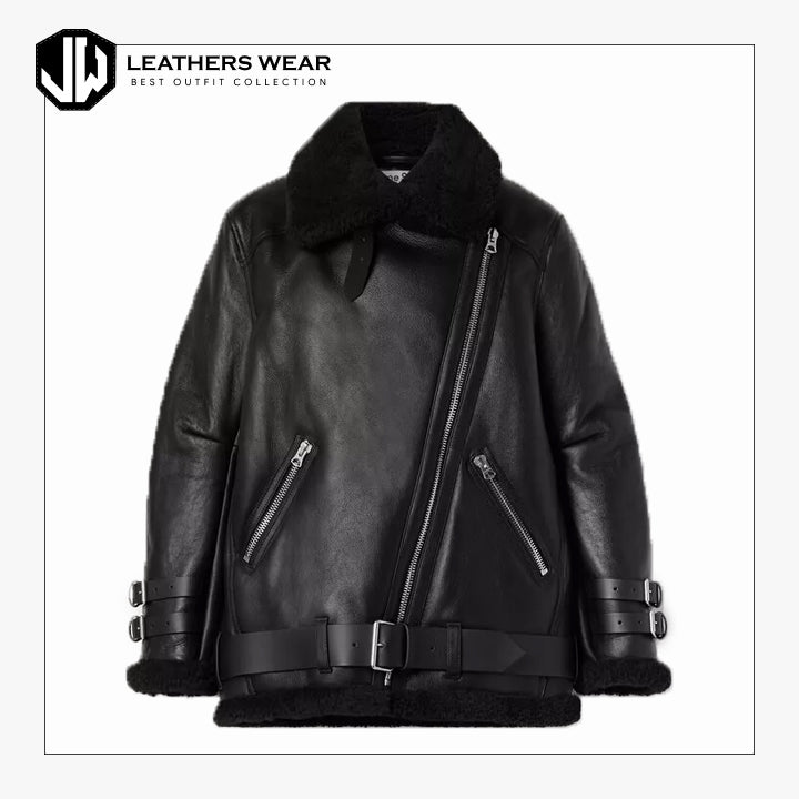 Womens Aviator Flying Shearling Leather Jacket