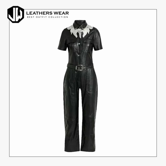 WomensBlackBeltedLeatherJumpsuit