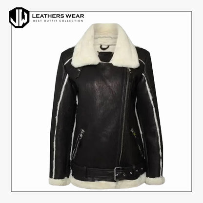 Womens Black Oversized Shearling Leather Jacket