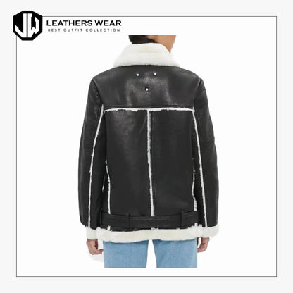 Womens Black Oversized Shearling Leather Jacket