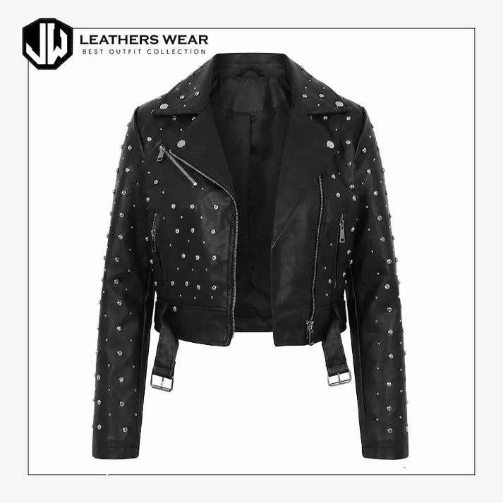 Womens Black Studded Leather Biker Jacket