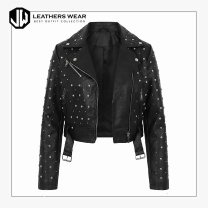 Womens Black Studded Leather Biker Jacket