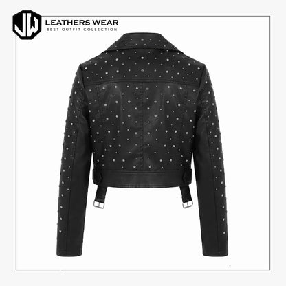 Womens Black Studded Leather Biker Jacket