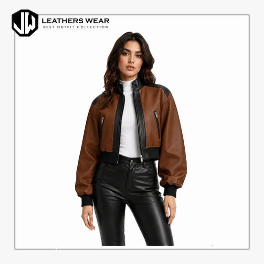 Womens Brown Black Leather Bomber Jacket