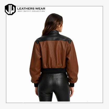 Womens Brown Black Leather Bomber Jacket