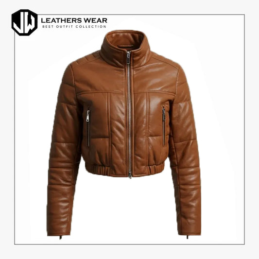Womens Brown Leather Cropped Puffer Jacket