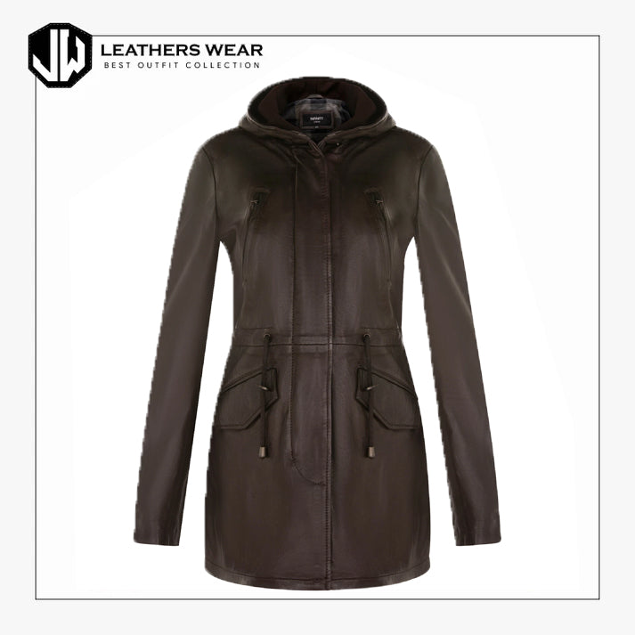 Womens Brown Leather Parka Jacket