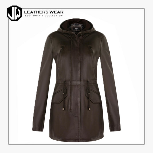 Womens Brown Leather Parka Jacket
