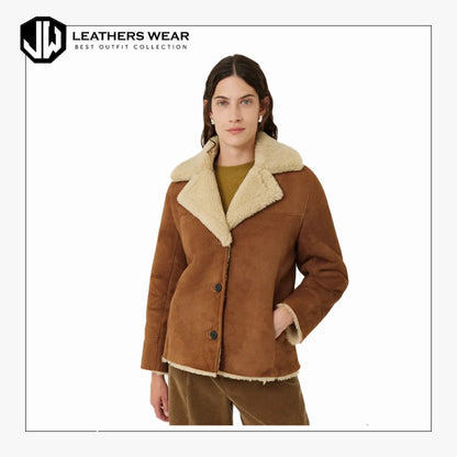 Womens Brown Shearling Suede Leather Jacket