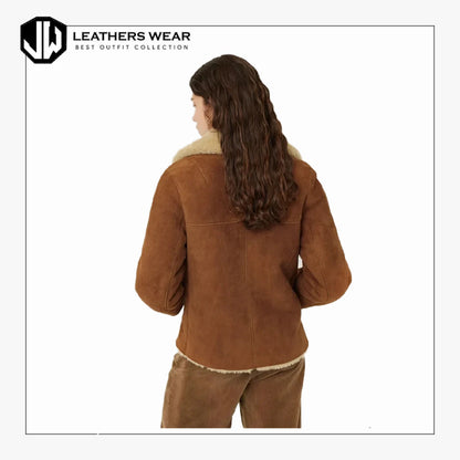 Womens Brown Shearling Suede Leather Jacket