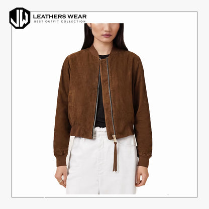 Womens Brown Suede Bomber Jacket