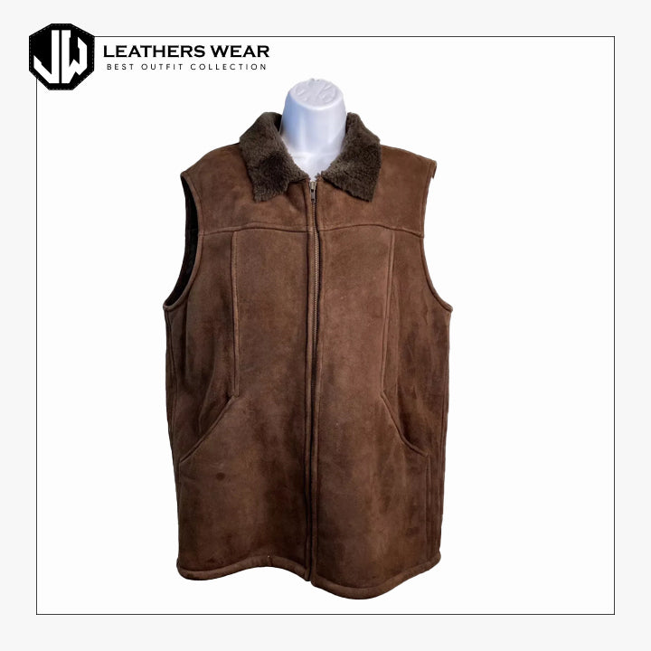 Womens Brown Suede Shearling Trim Vest