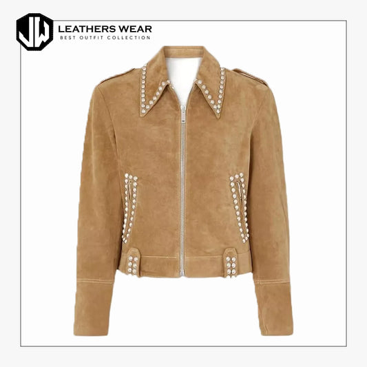 Womens Brown Suede Studded Leather Jacket