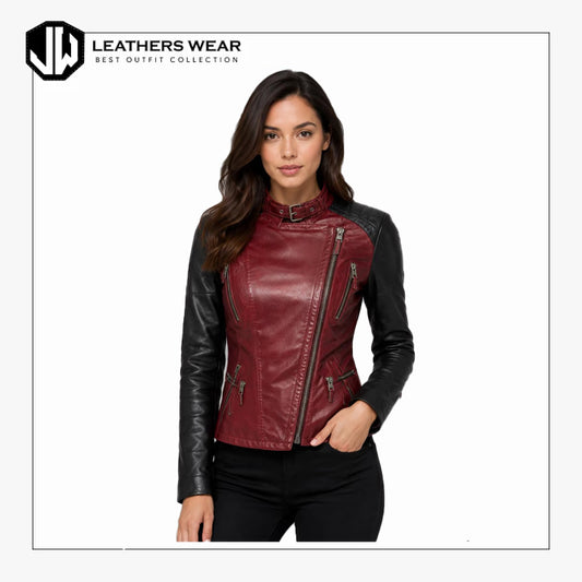 Womens Burgundy Black Leather Biker Jacket