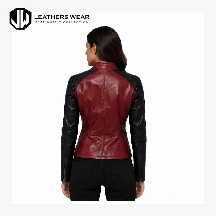 Womens Burgundy Black Leather Biker Jacket