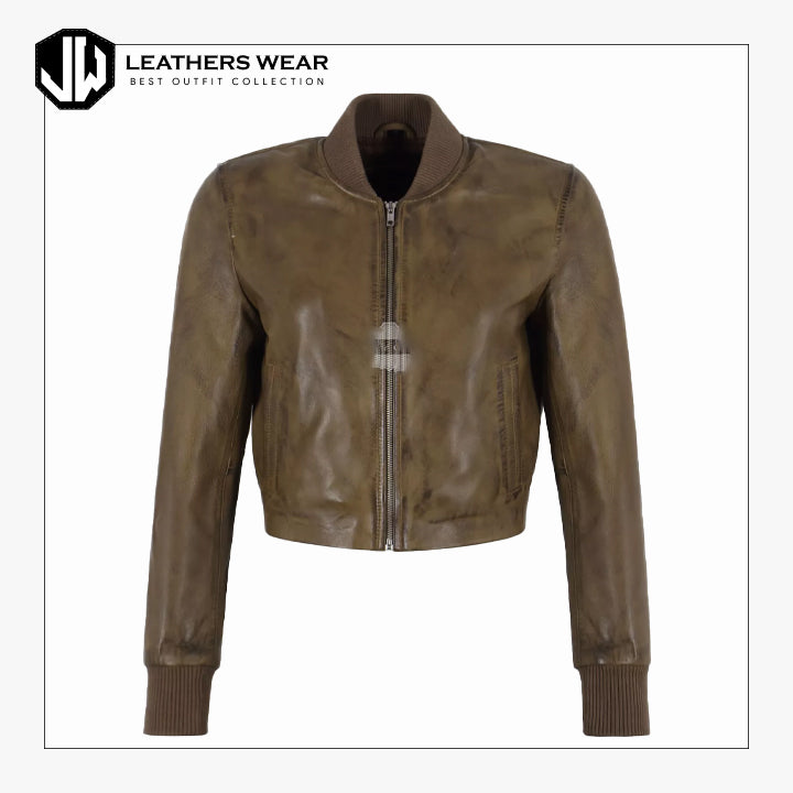 Womens Cropped Bomber Leather Jacket