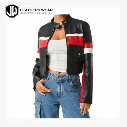 Womens Cropped Cafe Racer Moto Jacket