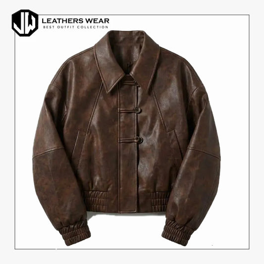 Womens Distressed Leather Bomber Jacket