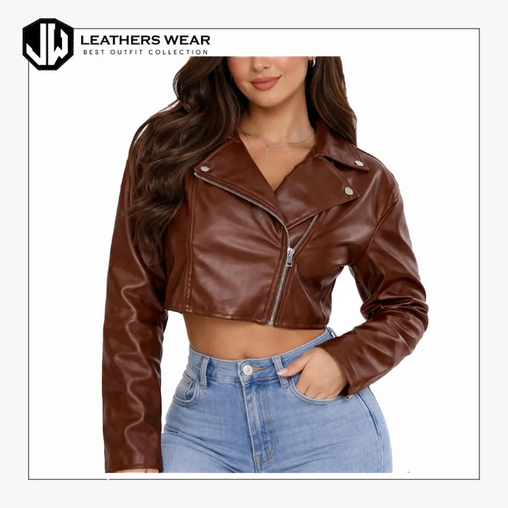 Womens Genuine Leather Cropped Moto Jacket