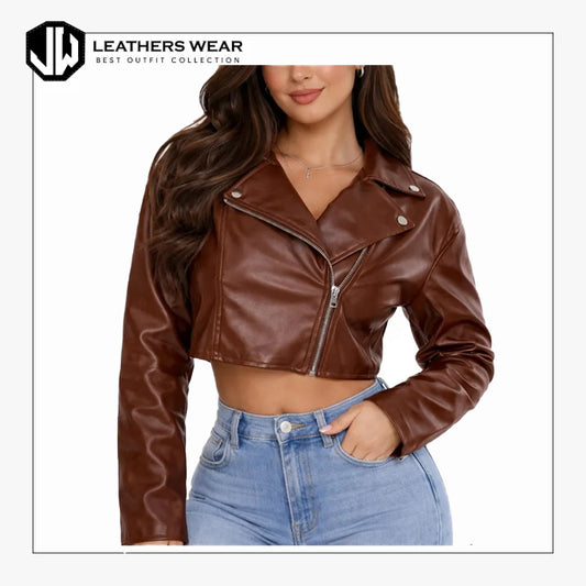 Womens Genuine Leather Cropped Moto Jacket