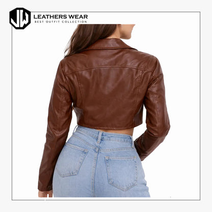 Womens Genuine Leather Cropped Moto Jacket