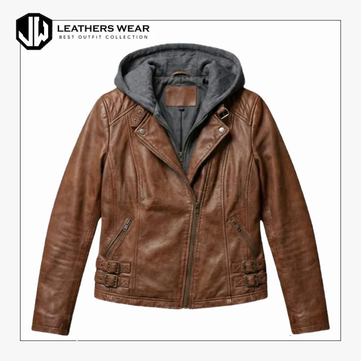 Womens Grace Leather Biker Hooded Jacket