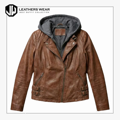 Womens Grace Leather Biker Hooded Jacket
