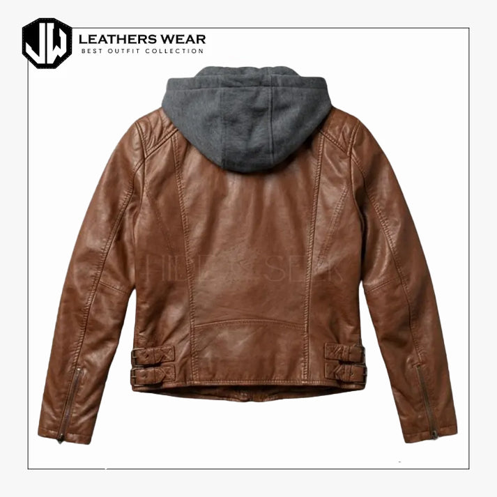 Womens Grace Leather Biker Hooded Jacket