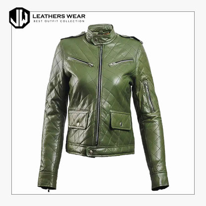 Womens Green Leather Puffer Jacket