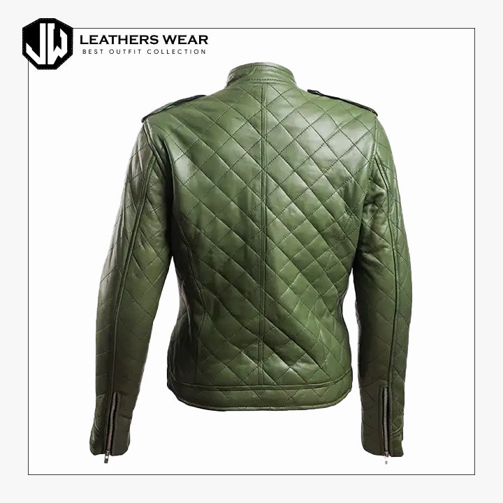 Womens Green Leather Puffer Jacket