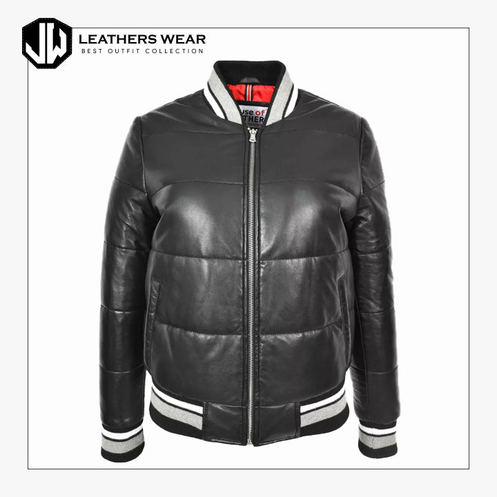 Womens Leather Puffer Bomber Jacket