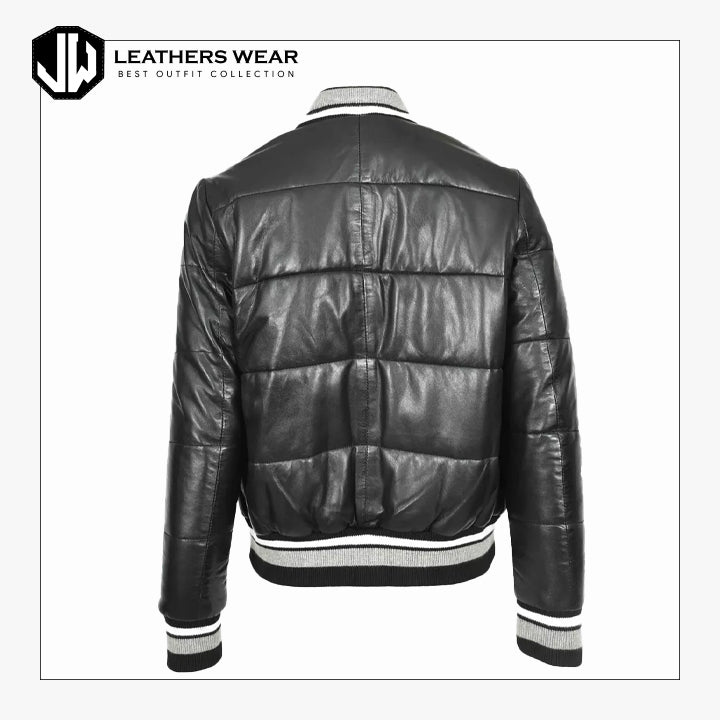 Womens Leather Puffer Bomber Jacket