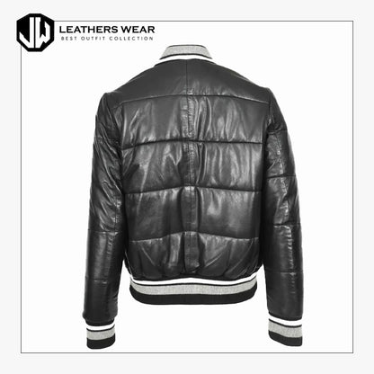 Womens Leather Puffer Bomber Jacket