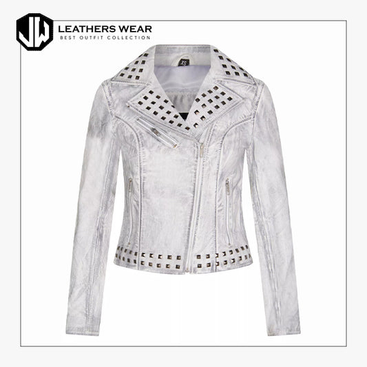 Womens Leather White Studded Biker Jacket