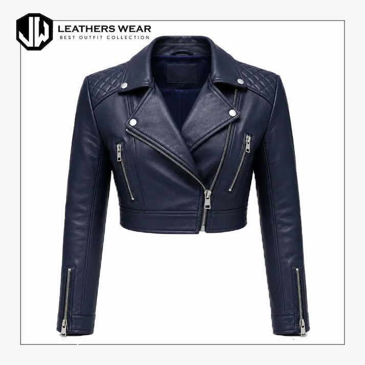 Womens Navy Blue Cropped Biker Jacket