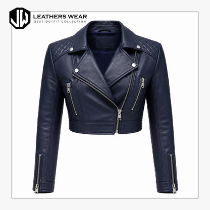 Womens Navy Blue Cropped Biker Jacket