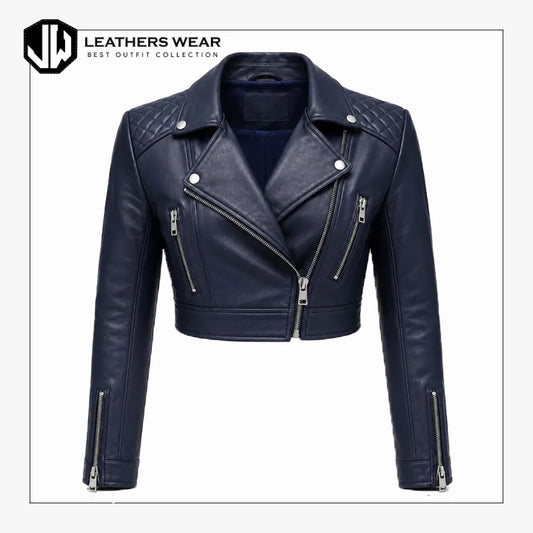Womens Navy Blue Cropped Biker Jacket