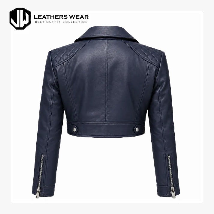 Womens Navy Blue Cropped Biker Jacket
