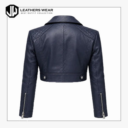 Womens Navy Blue Cropped Biker Jacket