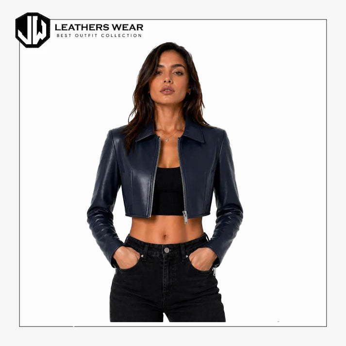 Womens Navy Blue Cropped Leather Jacket